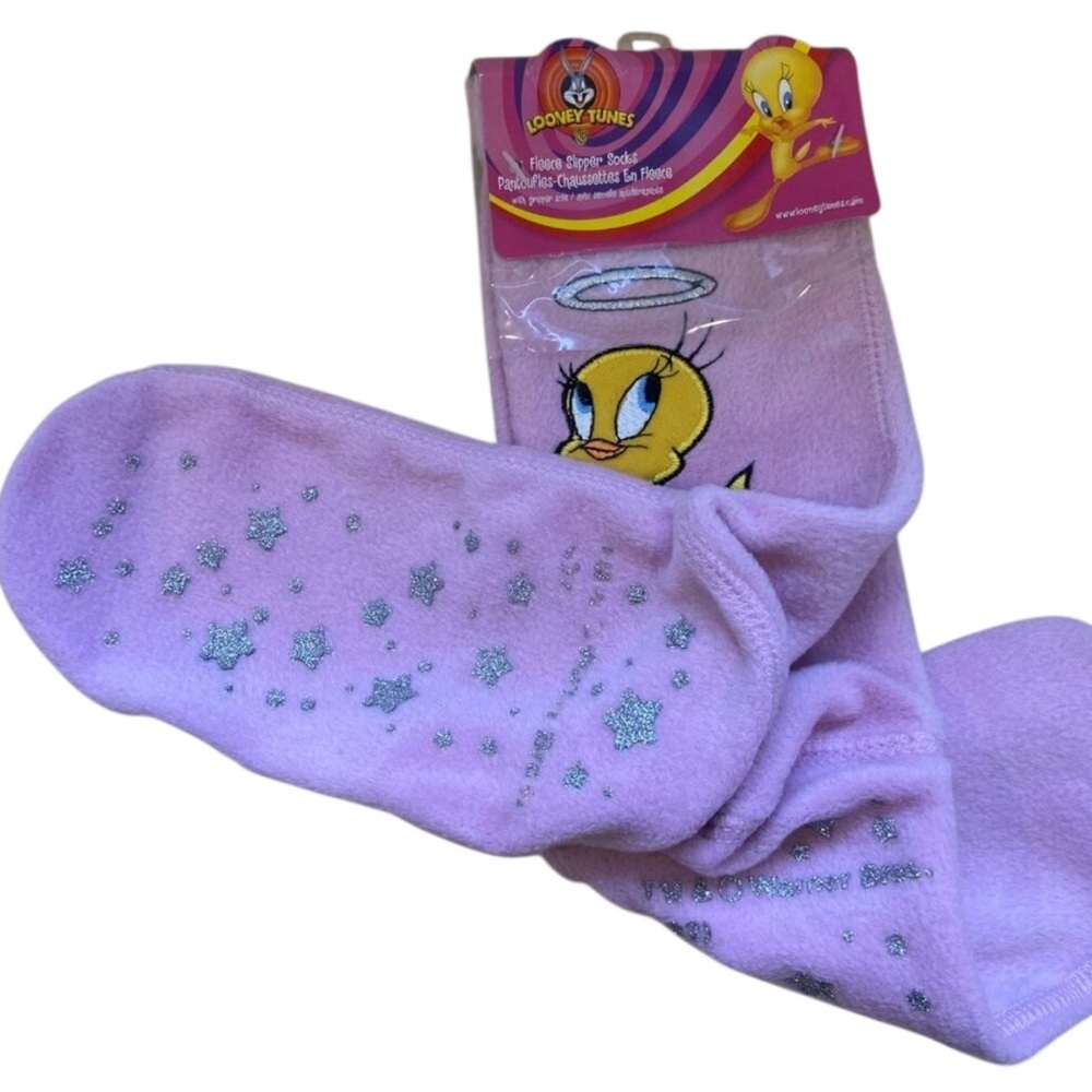 Looney Tunes Fleece Slipper Socks With Tweety Bird & Silver Stars pink girl